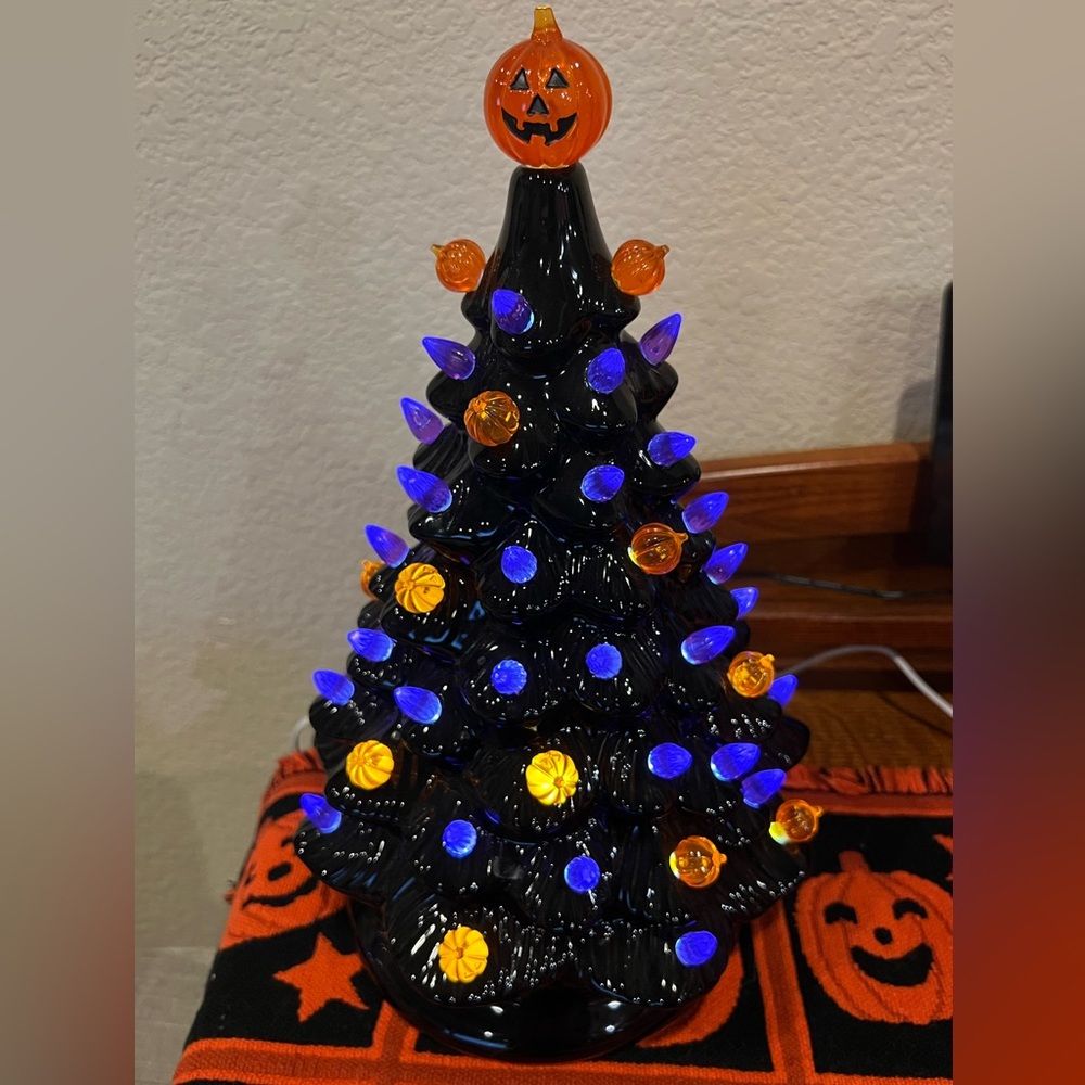 13 inch Ceramic Halloween Tree with Orange and Purple Lights